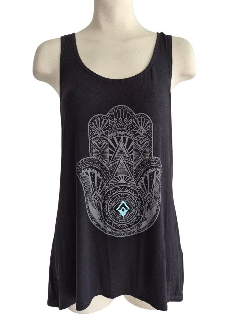 GAIAM Yoga Hindu Hand Mudra Symbol on Black Longline Tank Top M